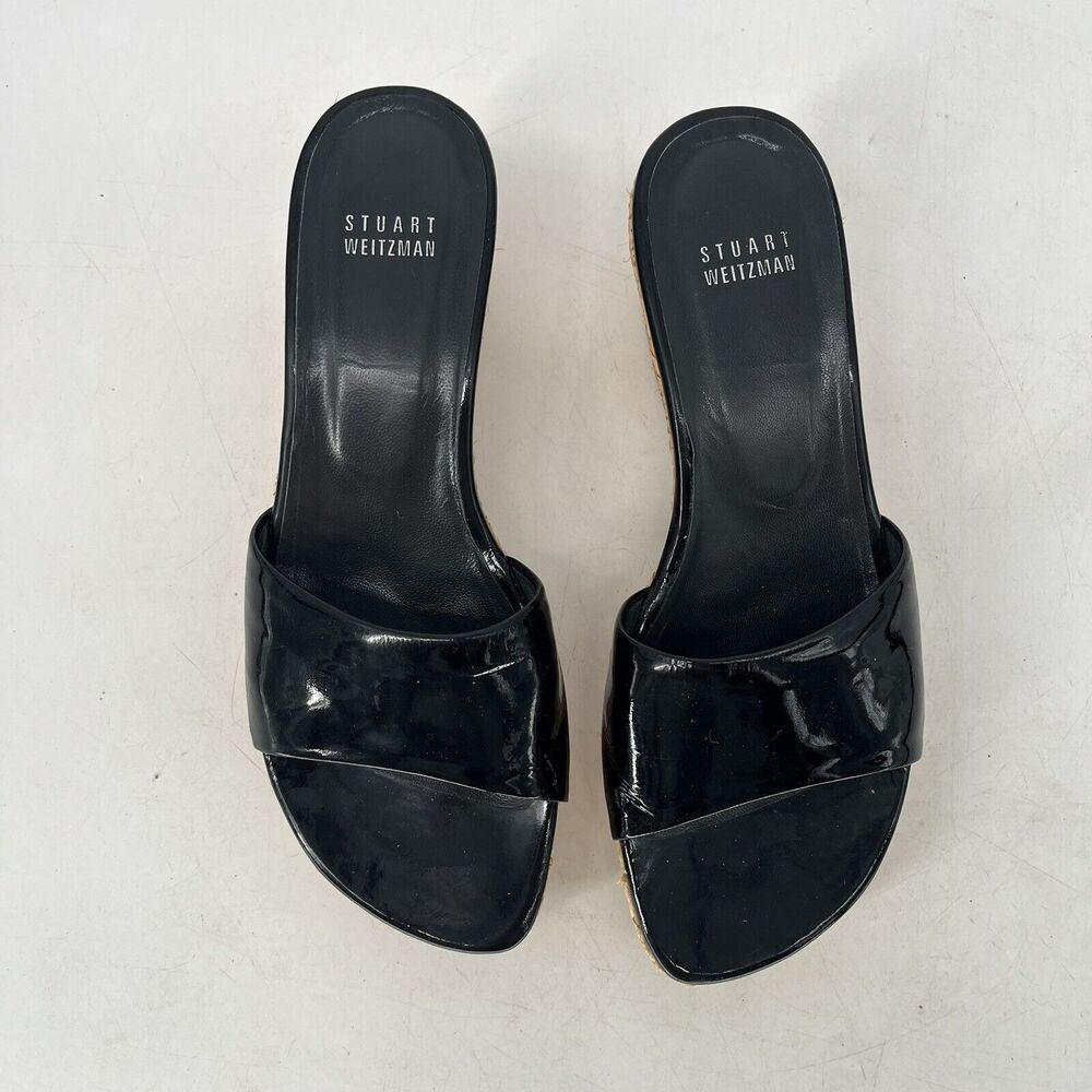 Stuart Weitzman Black Patent Wedge Slide Sandals Raffia Platform Women's 6.5 - Picture 2 of 9